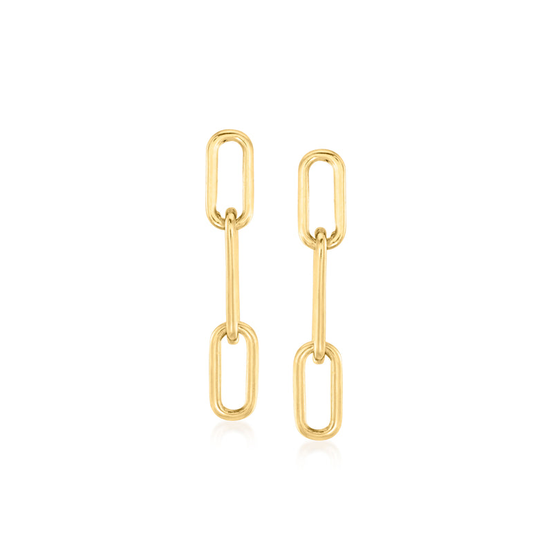 14kt yellow gold paper clip link drop earrings with two dangling rectangular loops