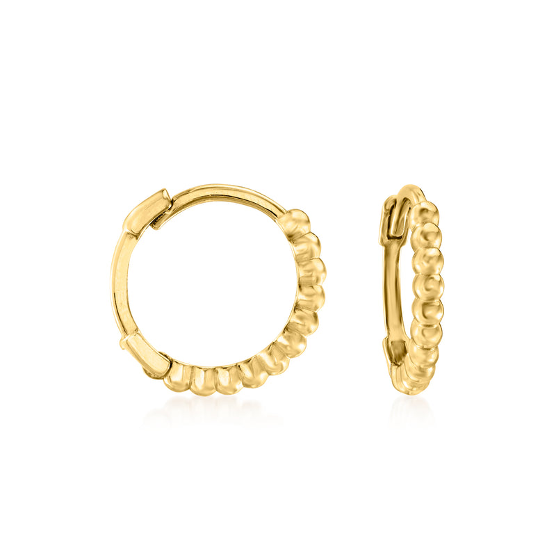 14kt yellow gold beaded huggie hoop earrings with hinged clasp and round hoop
