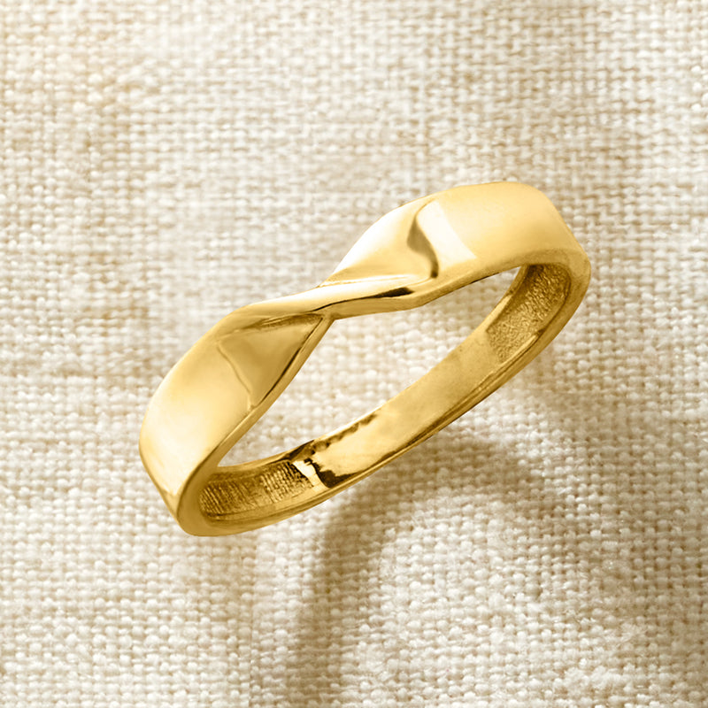 10kt yellow gold twisted band ring, open crossover detail, polished
