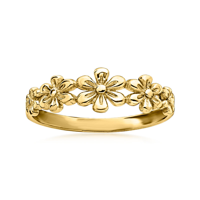 Yellow gold multi-flower ring with raised blossoms along the band