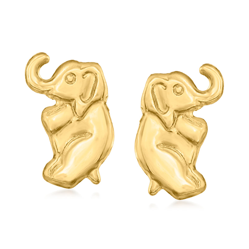 Yellow gold elephant stud earrings with curled trunk, post-back style