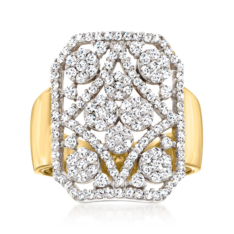 Openwork diamond ring with round stones, sterling silver setting and yellow gold band
