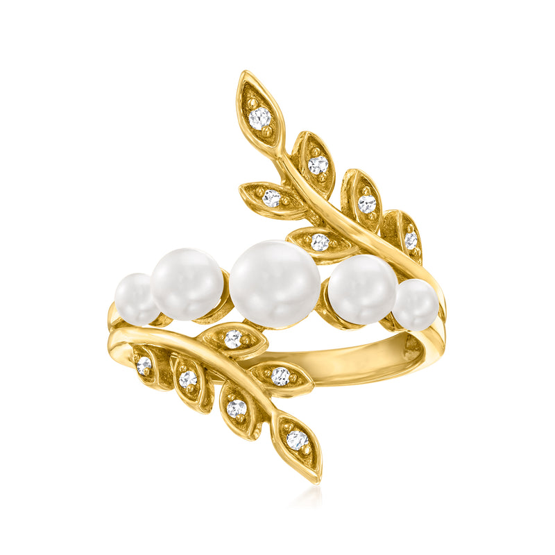 18kt gold over sterling leaf ring with 3–5mm cultured pearls and diamond accents