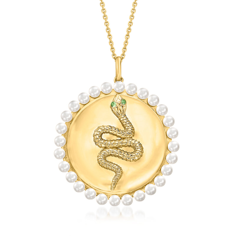 18kt gold over sterling snake pendant with tsavorite accents, cultured pearl halo