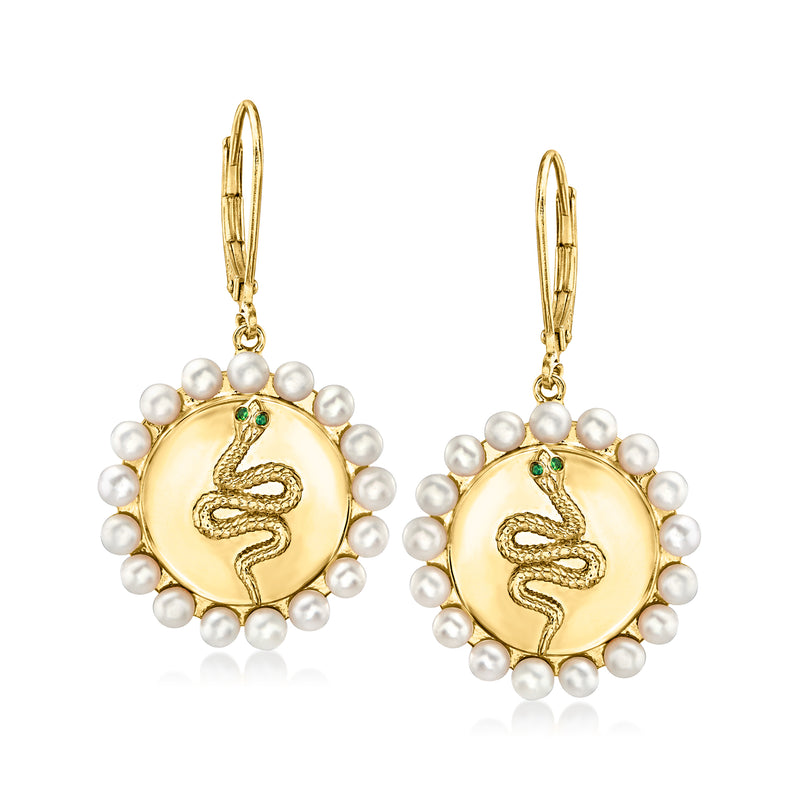 Gold drop earrings with round pearl border, green gemstone accents, snake emblem