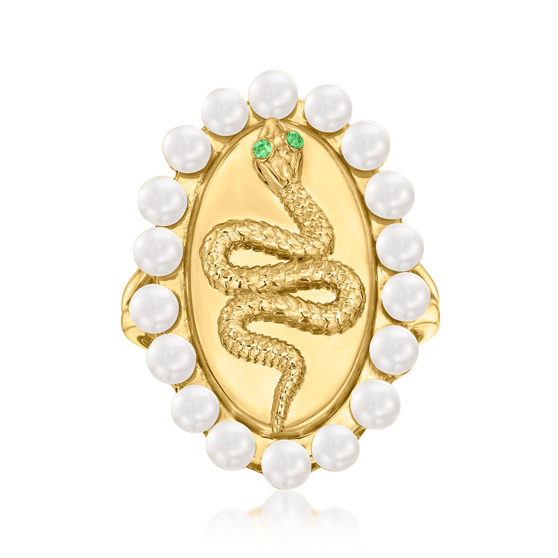 18kt gold over sterling snake ring with oval bezel, green tsavorite eyes, halo pearls