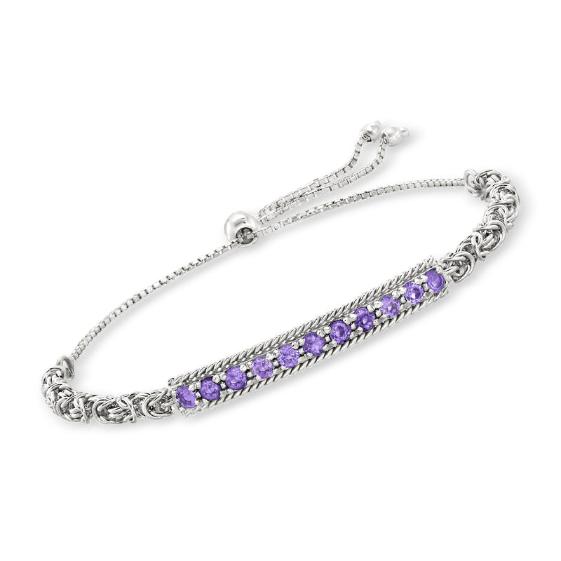 Sterling silver amethyst bolo bracelet with a row of purple gemstone stations