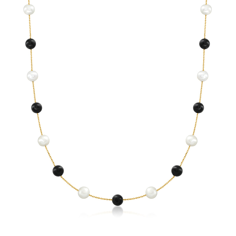 14kt yellow gold bead station necklace with white cultured pearls and black onyx beads