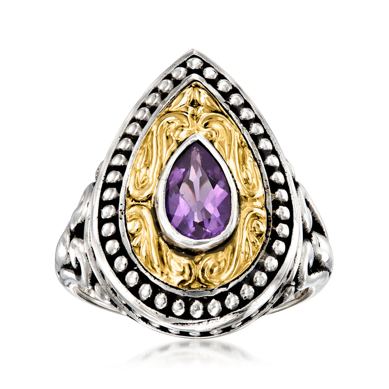 Amethyst Bali-style ring in sterling silver with oval purple stone and yellow gold bezel