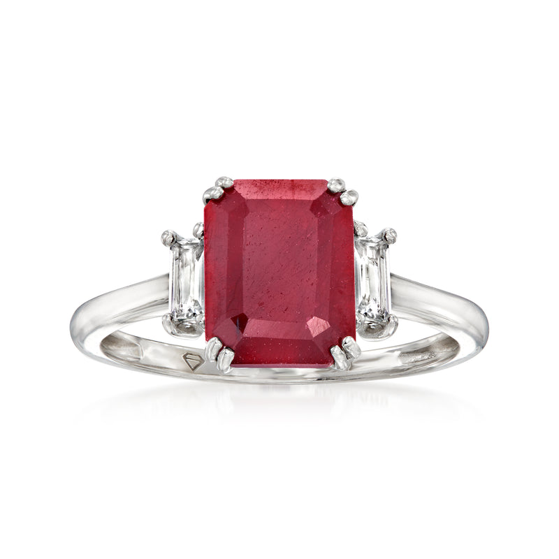 Sterling silver ring with a square red ruby center stone and four round white topaz accents
