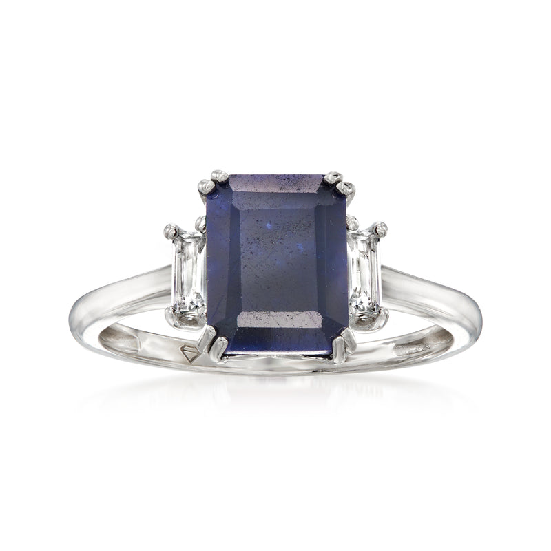 Sterling silver ring with square-cut blue sapphire and clear side stones