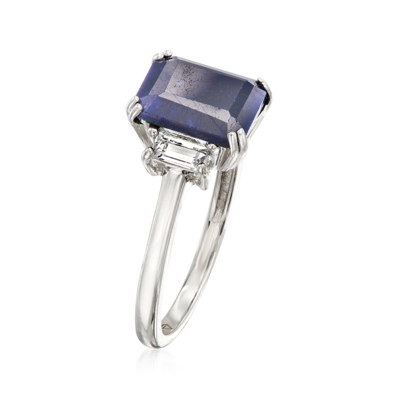 Sterling silver ring with square-cut blue sapphire center, baguette side stones