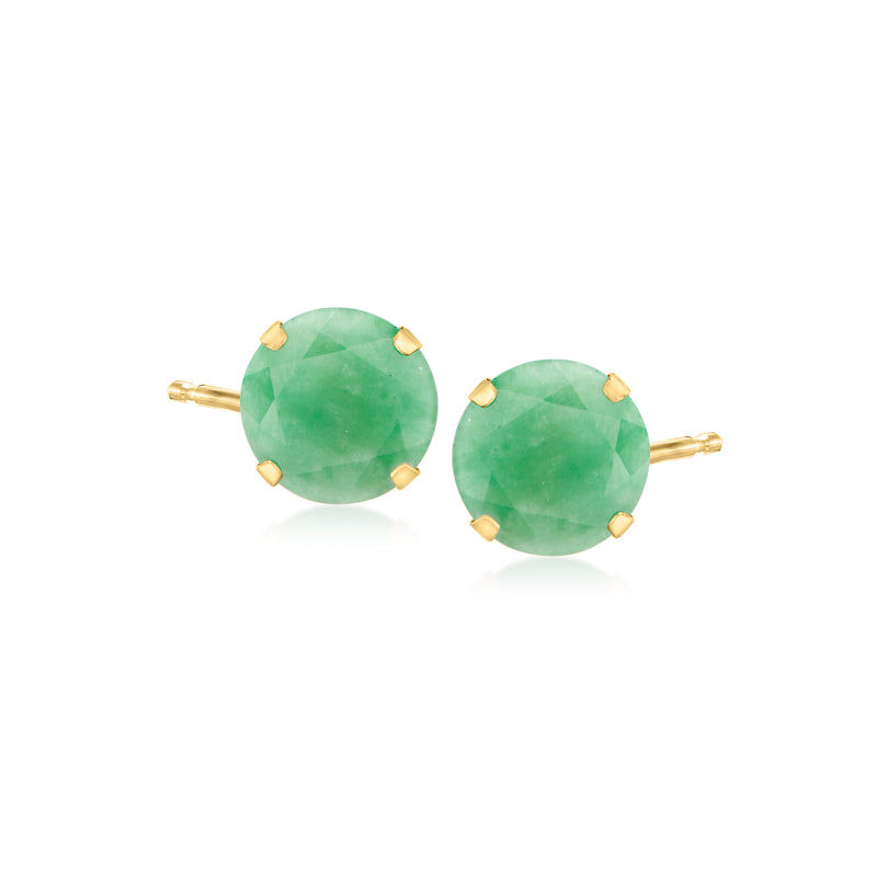 Round green jade stud earrings with 14kt yellow gold prongs