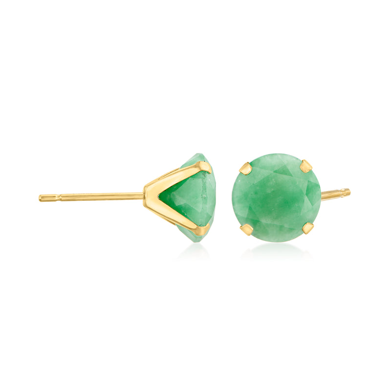 Green jade stud earrings in 14kt yellow gold, round stones with prong settings