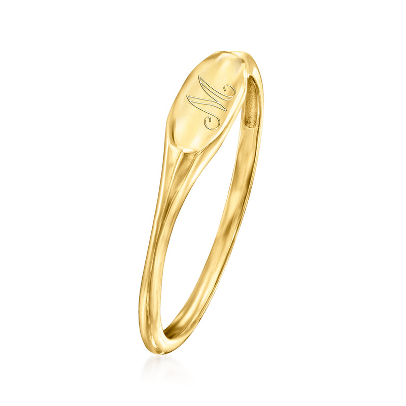 Personalized oval signet ring in 14kt yellow gold, engraved cursive monogram on top