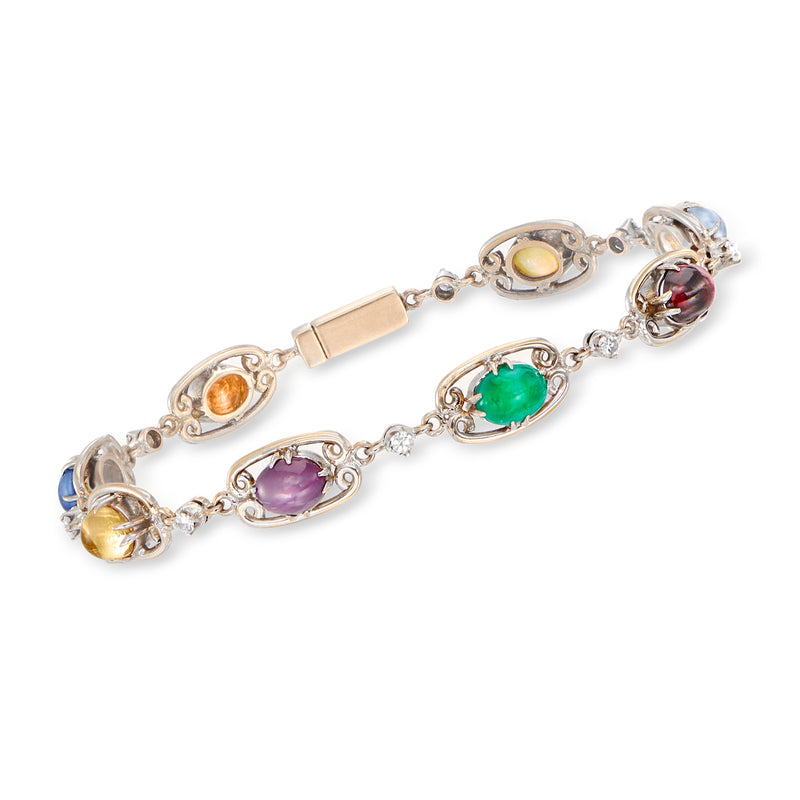 Vintage 14kt white gold bracelet with oval multi-gemstones and diamond accents