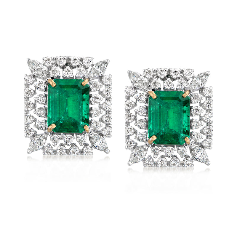 Emerald green square gemstone halo diamond stud earrings in white gold, post back