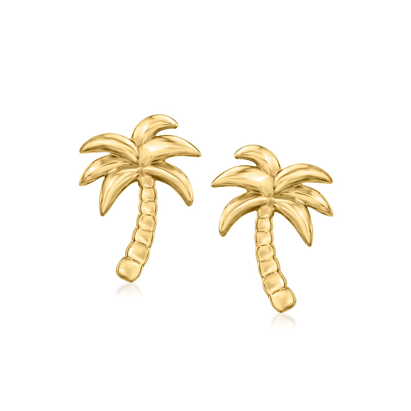 14kt yellow gold palm tree stud (post) earrings, sculpted leaves and trunk.