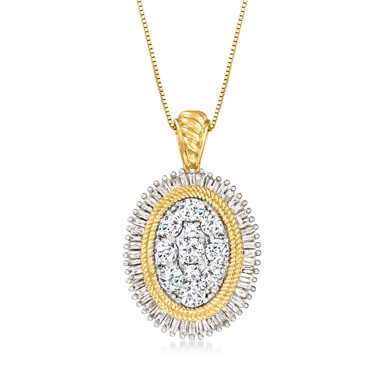 14kt yellow gold diamond pendant necklace with oval center and halo of small round stones