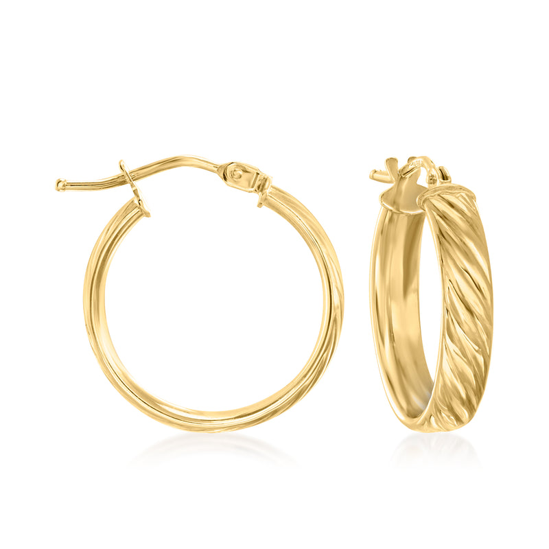 Twisted-pattern 14kt yellow gold hoop earrings, hinged clasp pair