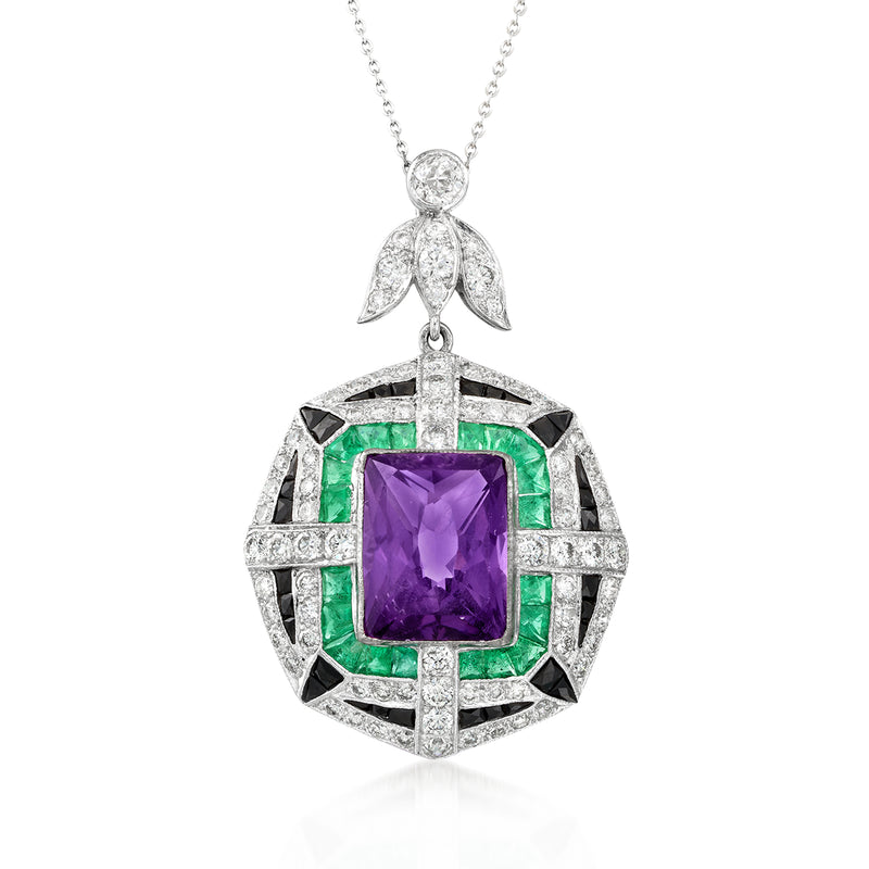 Amethyst square pendant with green emerald accents, diamond halo, white gold necklace