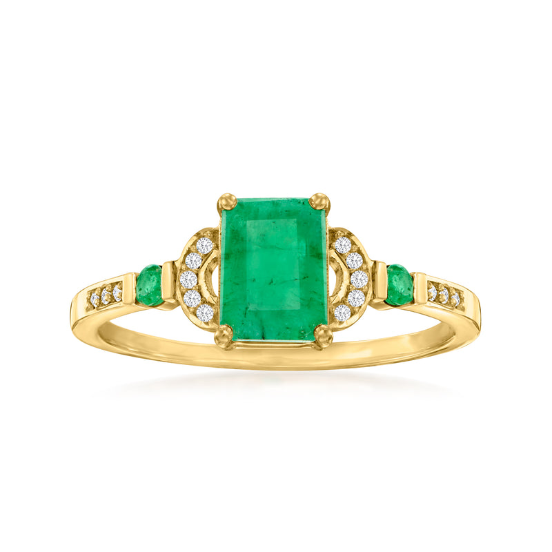 10kt yellow gold emerald and diamond ring with square green center and side accents