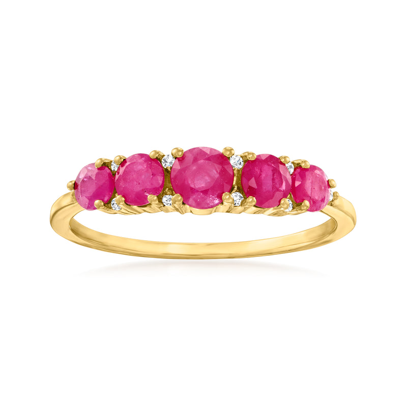 10kt yellow gold five-stone ruby ring with diamond accents