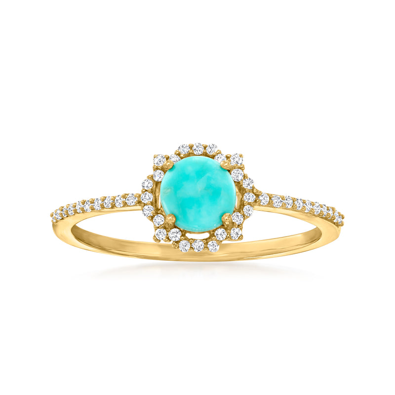 10kt yellow gold ring with oval turquoise center and diamond halo