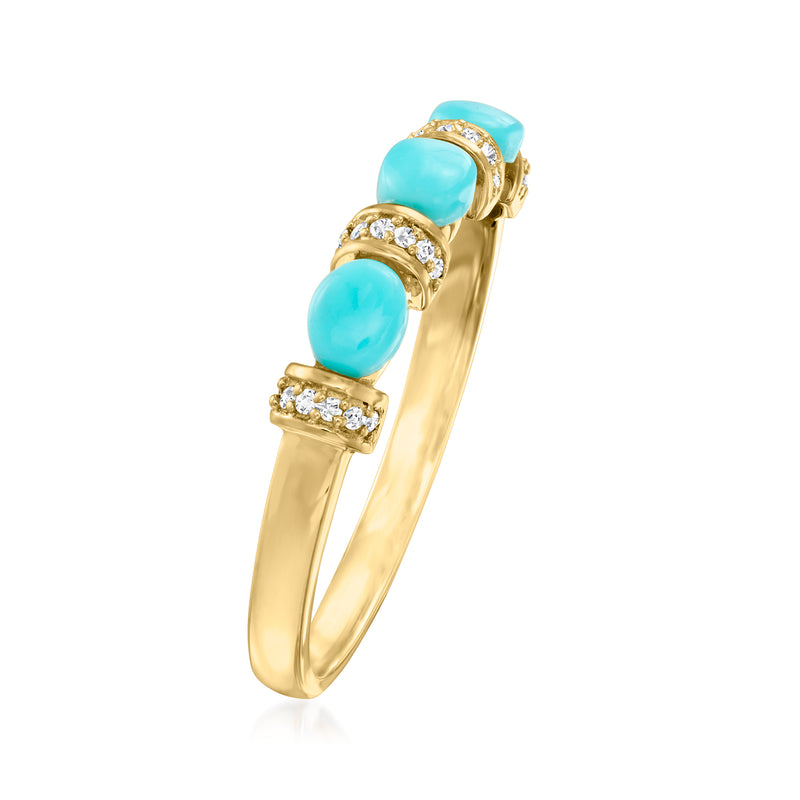 10kt yellow gold ring with three turquoise oval stones and diamond settings