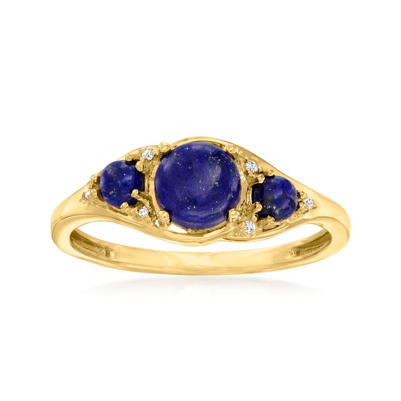10kt yellow gold three-stone ring with oval lapis center and diamond accents