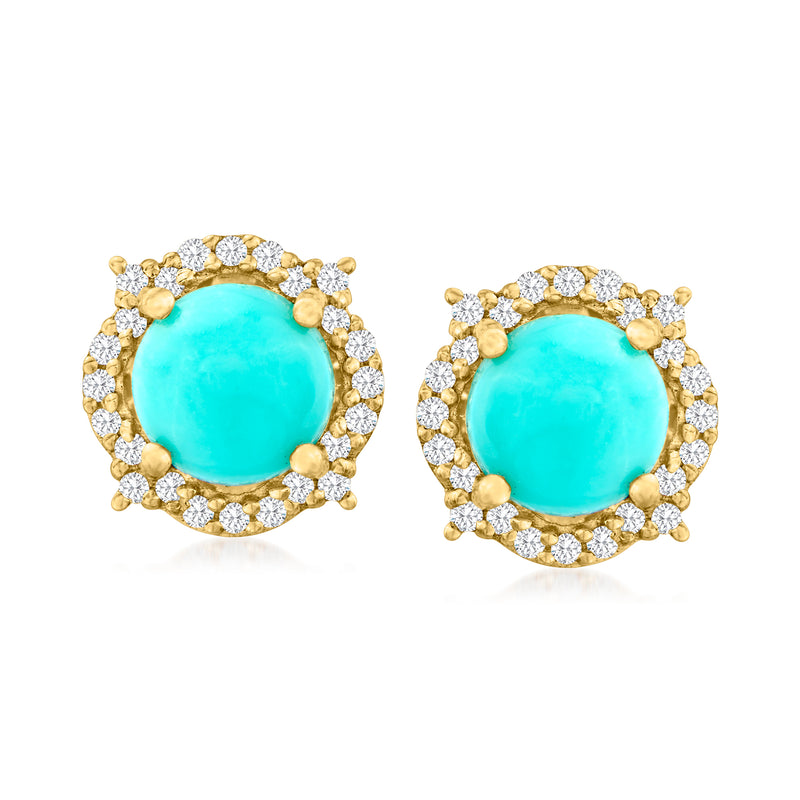 Turquoise oval diamond halo stud earrings in 10kt yellow gold, post backs