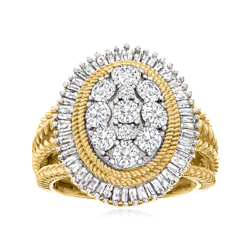 14kt yellow gold diamond halo cluster ring, round center with baguette accents