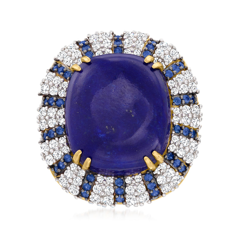 Lapis ring with white zircon and sapphire accents in gold over sterling