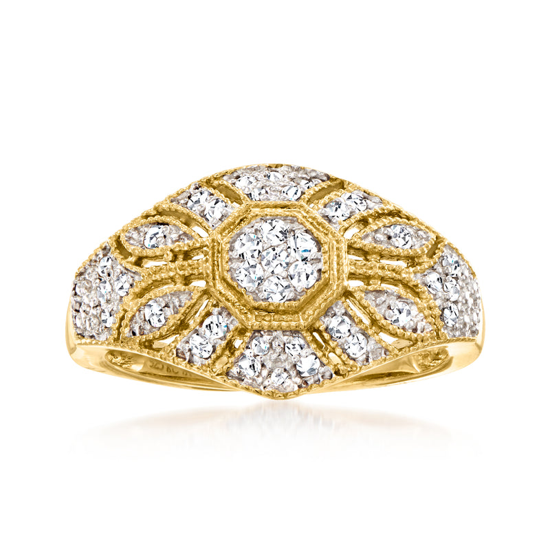 Diamond floral milgrain vintage-style ring in gold tone with round center stone