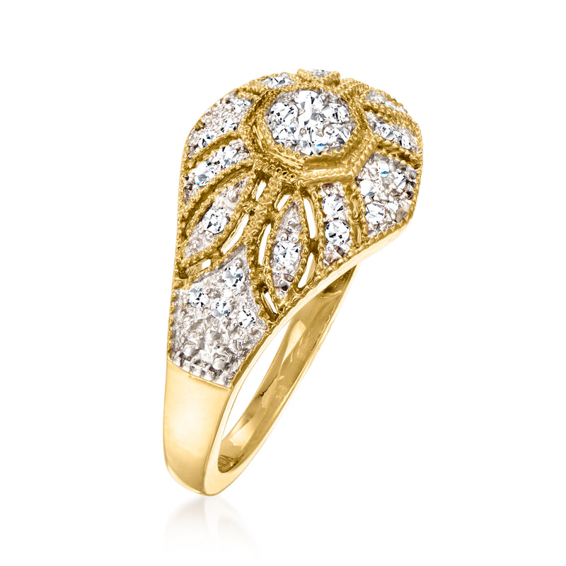 Diamond floral milgrain vintage-style ring with round center stone, side view