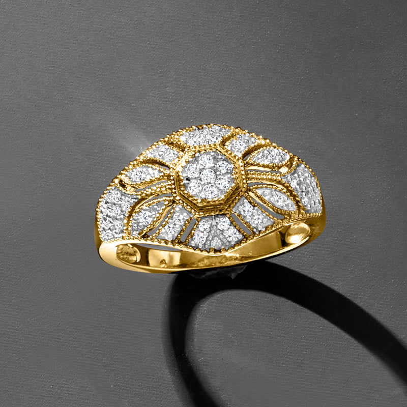Diamond floral milgrain vintage-style ring with round center stone and scalloped design