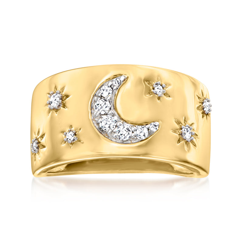 Gold celestial ring with diamond-like moon and star clusters, domed band
