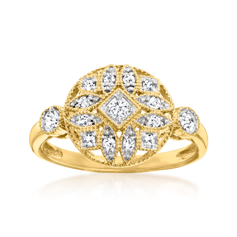 Gold-tone vintage circle diamond ring with round-stone halo, prong-set