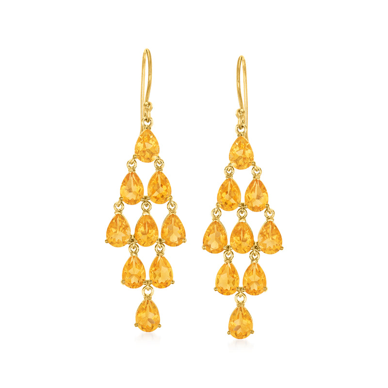 Gold chandelier earrings with citrine teardrop stones and earwire hooks