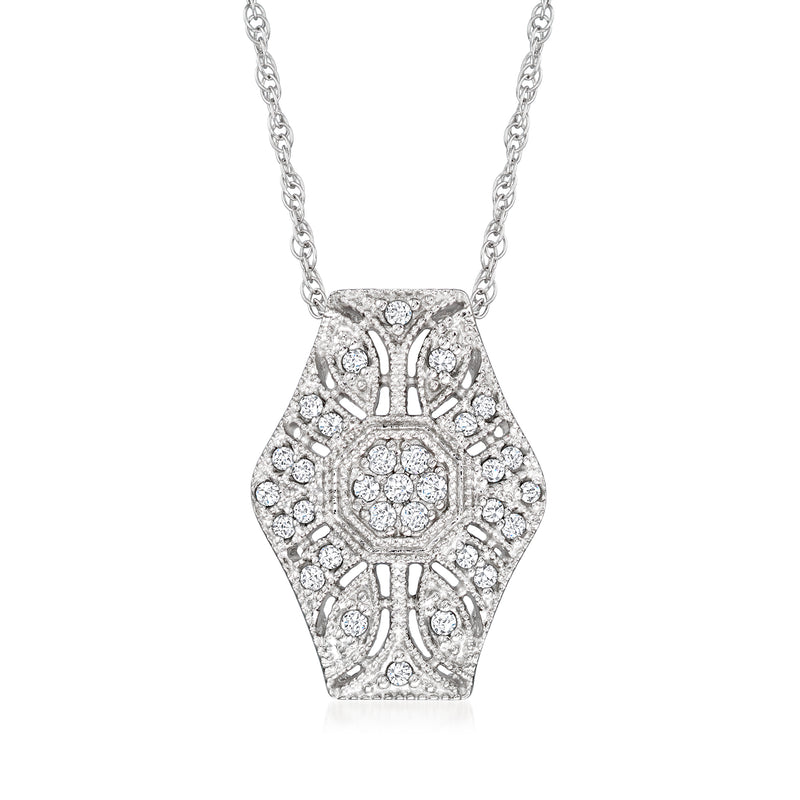 Sterling silver diamond pendant necklace with milgrain vintage-style teardrop pendant