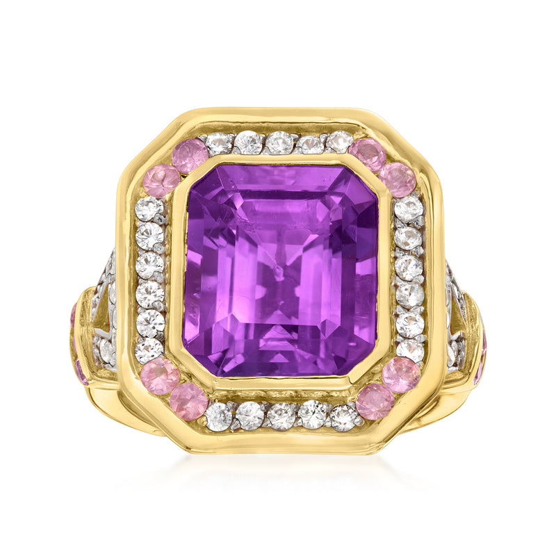 Gold ring with square-cut amethyst centerpiece, halo of clear stones and pink side gems.
