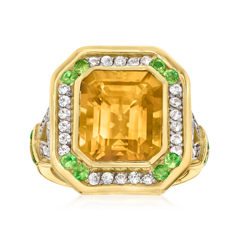 18k gold over sterling citrine cushion ring with green side stones and white diamond halo