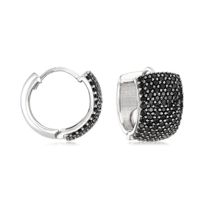 Sterling silver huggie hoop earrings with black spinel pavé