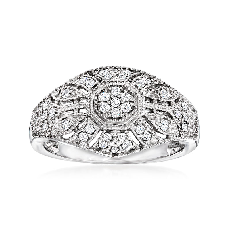 Sterling silver vintage-style diamond ring with milgrain detailing and clustered center stones