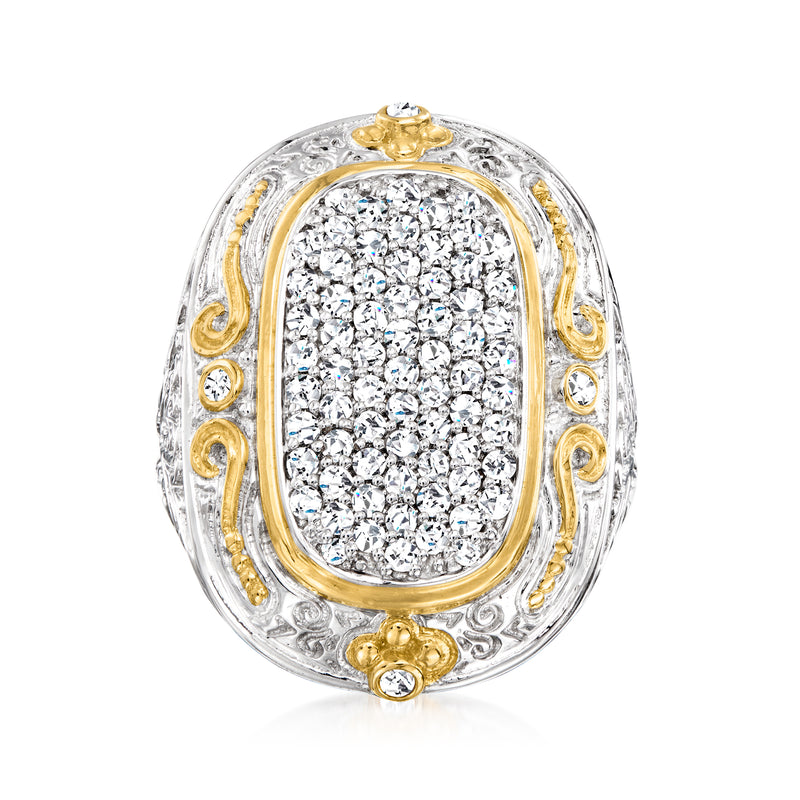 Two-tone sterling silver pave diamond ring with oval center cluster and gold accents