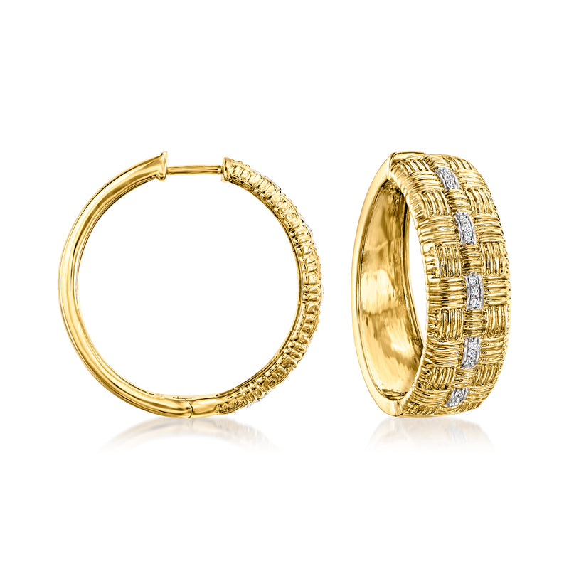 18kt gold hoop earrings with basketweave texture and small diamond accents