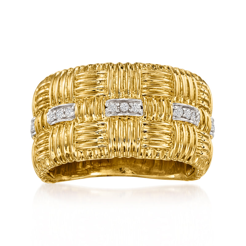 Gold basketweave diamond ring with three rectangular diamond settings