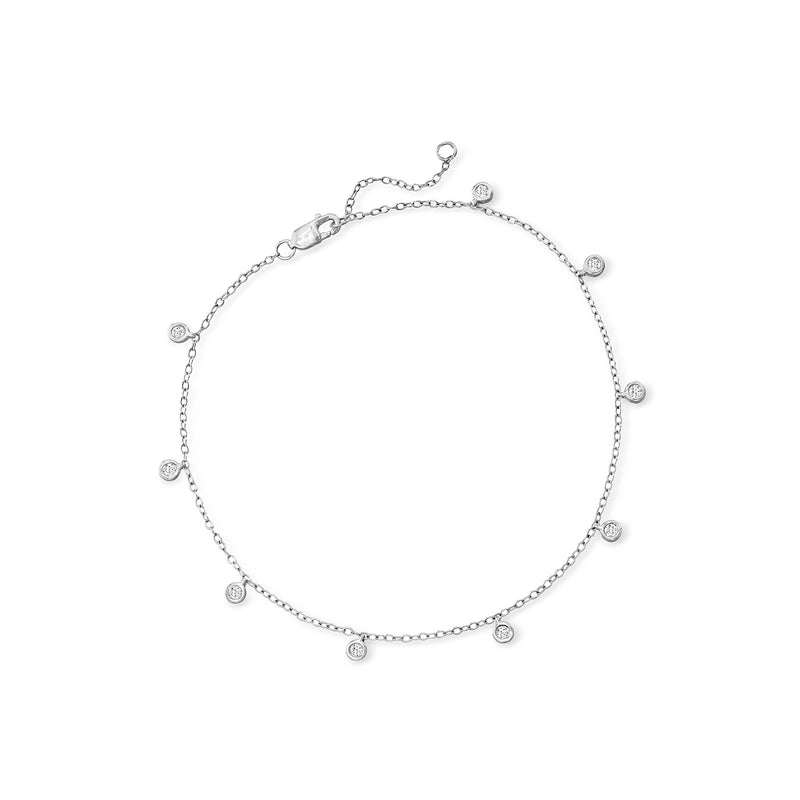 Sterling silver diamond bezel-set anklet with small round stones on chain links