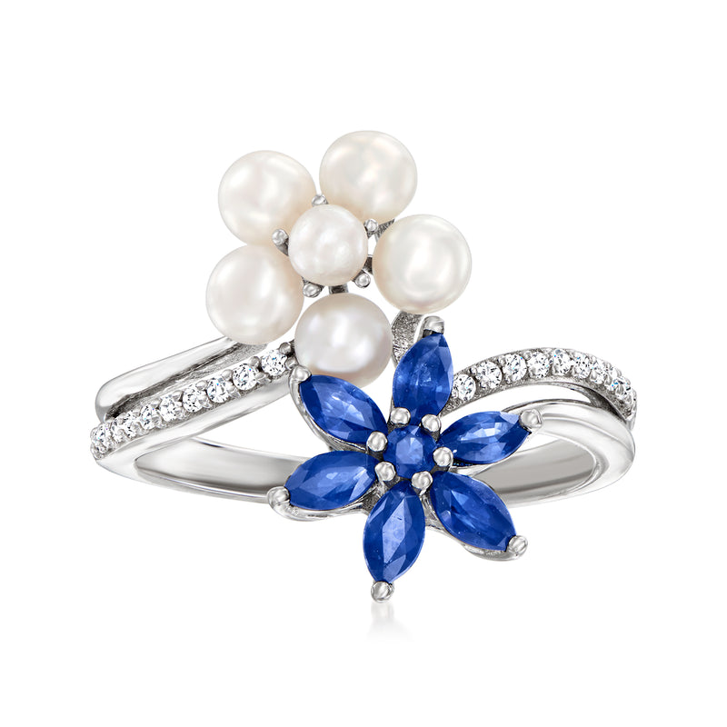 Sterling silver flower ring with white cultured pearls and blue sapphire accents