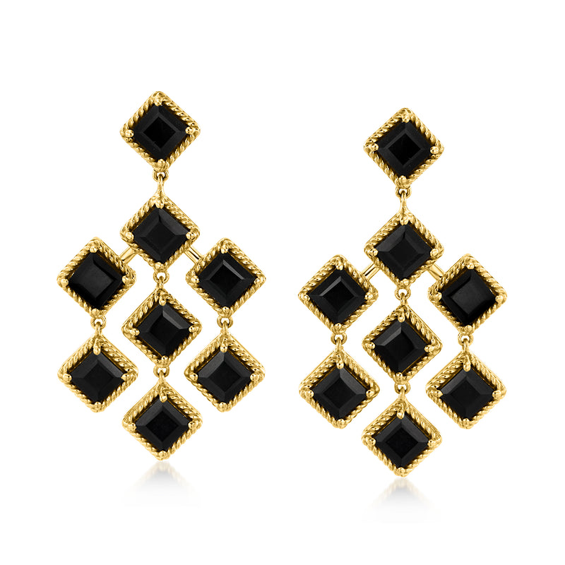 Gold-toned chandelier drop earrings with square black onyx stones, geometric cluster